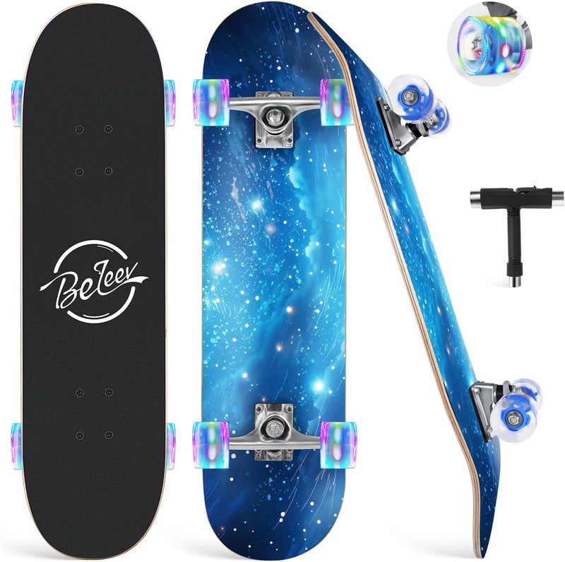 BELEEV Skateboards for Beginners, 31 x 8 inch Complete Skateboard for Kids Teens Adults, 7 Layer Canadian Maple Double Kick Deck Concave Cruiser Trick Skateboard with Multifunction Skate T-Tool - Image 1